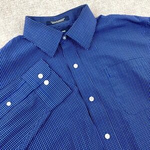 Lands End Outfitters Shirt Mens M Blue Grid Wrinkle Free Broadcloth Button Up